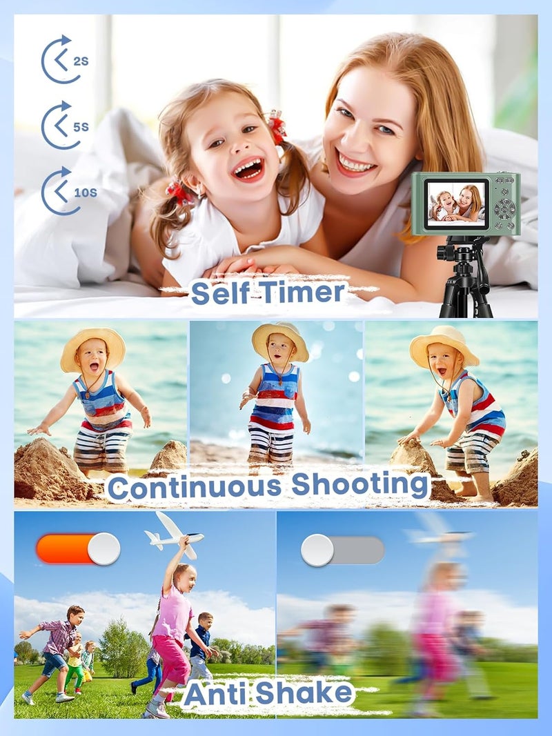 BEARBISU Digital Camera, 44MP Full HD 1080P Point and Shoot Camera with 64GB Card, Anti Shake 16X Zoom Compact Volg Cameras, Portable Small Camara Gift for Kids, Ages Teen Girl Boy - Green - Image 5